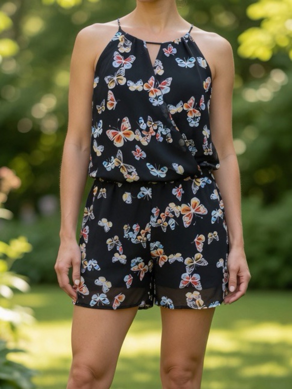 A. Byer Butterfly Print Romper Black Halter Neck Sleeveless Dressy Chic Sz M EUC